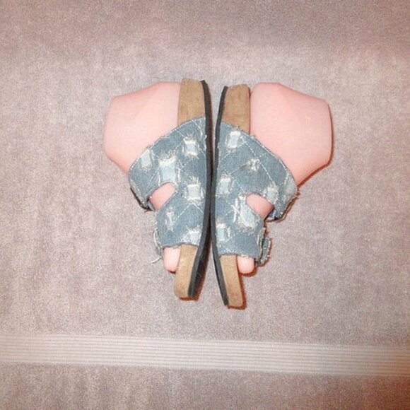 Minnetonka Patchwork Denim Sandals Size 7 Slide Fringe Slip On Boho Grunge 90s - Picture 7 of 9